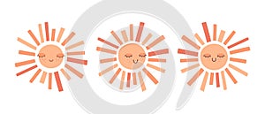 Cute hand drawn smiling sun with closed eyes set. Scandinavian style decoration for nursery kids room