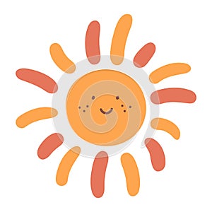 Cute hand drawn smiling sun. Decoration in childish style for nursery or kids room