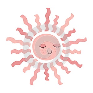 Cute hand drawn smiling sun in pastel colors. Scandinavian style decoration for nursery kids room