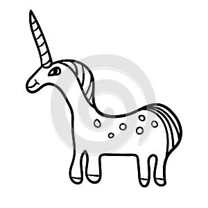 Cute hand drawn smiling unicorn in profile with thin line contour isolated