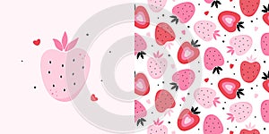 Cute hand drawn strawberries vector pattern, card