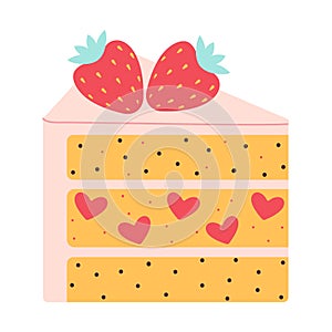 Cute hand drawn Strawberry Cake Piece with berries and hearts. Trendy flat vector illustration