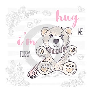 Cute hand drawn teddy bear with scarf. Valentines day greeting card