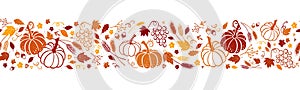 Cute hand drawn Thanksgiving seamless patten with leaves, pumpkins and decoration. Great for autumn themes, textiles, banners,