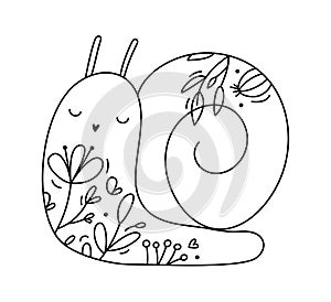 Cute hand drawn vector baby snail line spring with line berries, branches, flower texture. Icon outline illustration for