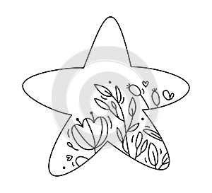 Cute hand drawn vector baby star line spring with line berries, branches, flower texture. Icon outline illustration for