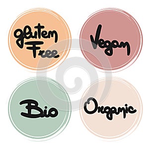 Cute hand drawn vector food badges collection gluten free, vegan, bio and organic labels