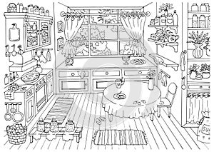 Cute hand drawn vector illustration of vintage country style kitchen with nobody, funny scene creator