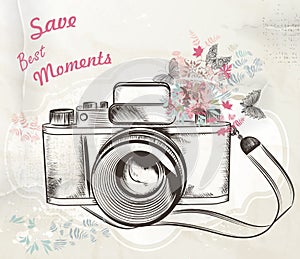 Cute hand drawn vintage camera vector illustration