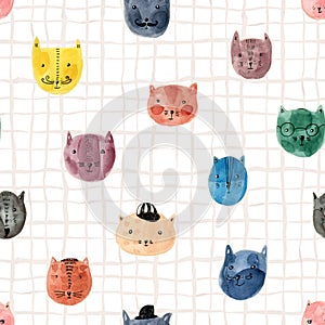 Cute hand drawn watercolor cat heads pattern