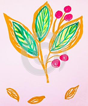 Cute hand-Drawn watercolor flower stem with leaves and berries. Orange and green, spring flowers, Botanical garden plants