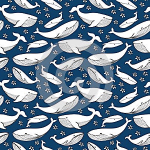 Cute hand drawn whales. Monochrome Vector seamless pattern.