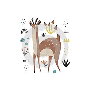 Cute hand drawn wild animal character with antlers, mushrooms, flowers, doodle elements isolated on white. Cartoon roe