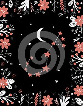 Funny Simple Red Scorpio Vector Sign. Floral Frame, White Moon and Stars.