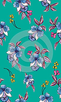 Cute Hand Drown Flowers with Leaves on Green Background, Path for Textile Prints.