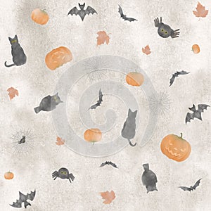 Cute hand painted seamless repetitive watercolor halloween pattern, with pumpkins