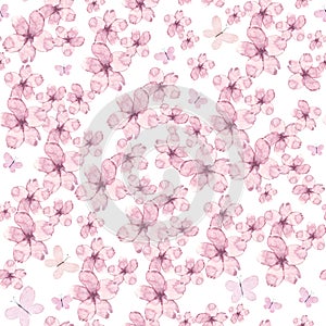 Cute hand painted watercolor seamless pattern of pink flowers and butterflies . Beautiful floral. Gentle spring backgrounds. Well