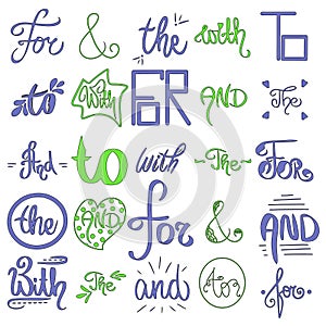 Cute hand written illustration. Vector sketched ampersands and catchwords. Decorative calligraphic detailes. Blue, green colors
