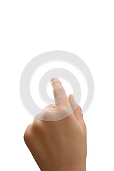 Cute hand of young girl or boy pointing up. Isolated on white, clipping path. Copy free space on top