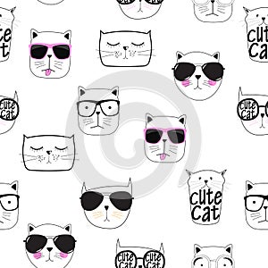 Cute Handdrawn Cat Seamless Pattern Vector Illustration