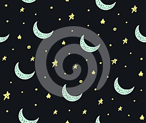 Cute handdrawn stars and moon seamless vector pattern