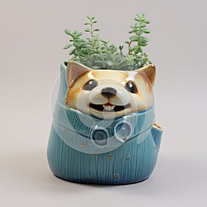 Cute Handmade Ceramic Flowerpot With White Dog Holding Plant