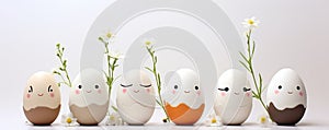 Cute handmade eggs with funny faces and spring flowers on light background. Happy Easter