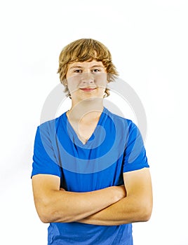 Cute handsome boy poses in studio