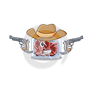 Cute handsome cowboy of frozen beef cartoon character with guns