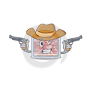 Cute handsome cowboy of frozen smoked bacon cartoon character with guns