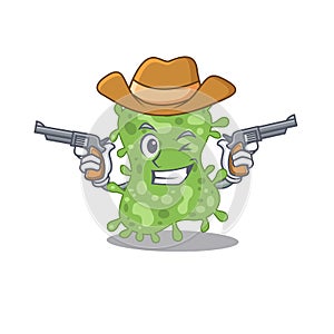 Cute handsome cowboy of salmonella enterica cartoon character with guns photo