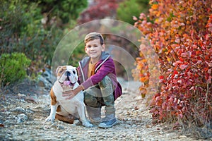 Cute handsome stylish boy enjoying colourful autumn park with his best friend red and white english bull dog. Delightfull