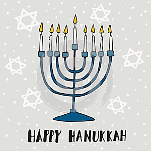 Cute Hanukkah greeting card, invitation with hand drawn menorah,