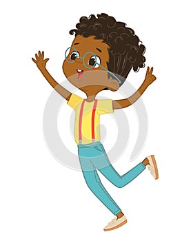 Cute happy African American boy jumping and dancing cheerfully on a white background. Laughing school boy, vector