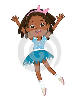 Cute happy African American girl jumping and dancing cheerfully on a white background. Laughing girl, vector background