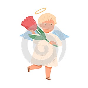 Cute happy angel in dress with nimbus and wings holding rose flower in hands. Little peaceful boy from heavens. Colored