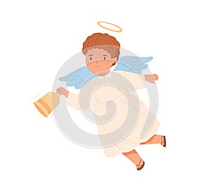 Cute happy angel flying and holding bell. Little boy with nimbus ringing handbell. Religious Christmas character