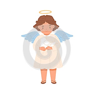 Cute happy angel with halo and wings holding Peace Dove in hands. Peaceful little girl with bird. Concept of hope and