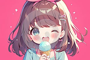 cute happy anime chibi girl eating ice cream cone on pink background