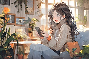 cute happy anime girl smiling and looking at the phone in the room