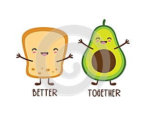 Cute Happy Avocado and Toast with Face Vector Illustration