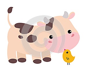 Cute happy baby cow and lovely chicken. Adorable farm animal character cartoon vector illustration