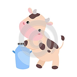 Cute happy baby cow with milk can barrel. Adorable farm animal character cartoon vector illustration