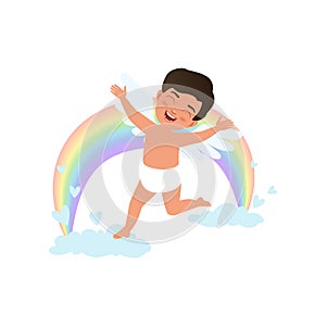 Cute happy baby Cupid character jumping on clouds with rainbow, Happy Valentines Day concept vector Illustration