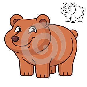 Cute Happy Baby Grizzly Bear with Black and White Line Art Drawing