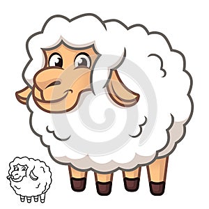 Cute Happy Baby Sheep with Black and White Line Art Drawing