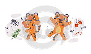 Cute happy baby tigers set cartoon vector illustration
