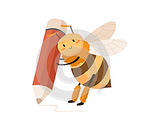 Cute happy bee with huge pencil in tiny paws, writing and drawing smth. Funny adorable honeybee. Childish colored flat