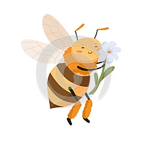 Cute happy bee pollinating and smelling fragrant flower. Adorable honeybee smiling and enjoying. Childish colored flat