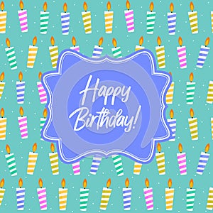 Cute Happy Birthday Background with Cake Icon and Candles. Design Element for Party Invitation, Congratulation. Vector